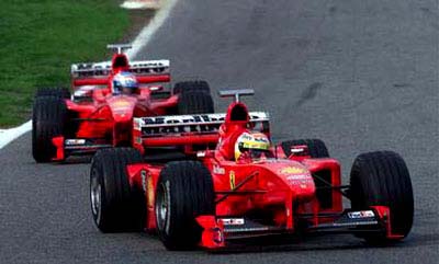 Why Badoer didn't get the job as Michael Schumacher's replacement in mid-1999 is beyond me. Here Badoer pilots the Ferrari at a display at Vallelunga, with the man who did get the nod, Mika Salo, behind him.
