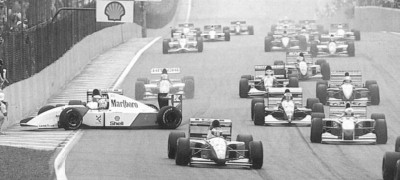 1993. Brazilian Grand Prix. Michael Andretti cliides with Gerhard Berger.