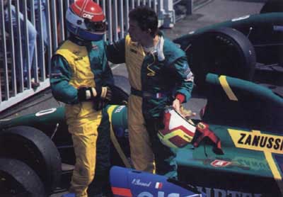 Olivier holds a post-race conference at Germany in 1994 with his point scoring teammate, Erik Comas (left).
