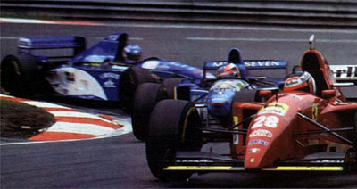 A Pacific running third? Doth mine eyes deceive me, or is this Giovanni Lavaggi scrapping with Gerhard Berger and Michael Schumacher? Indeed they do, for Giovanni was a few laps down at the time.